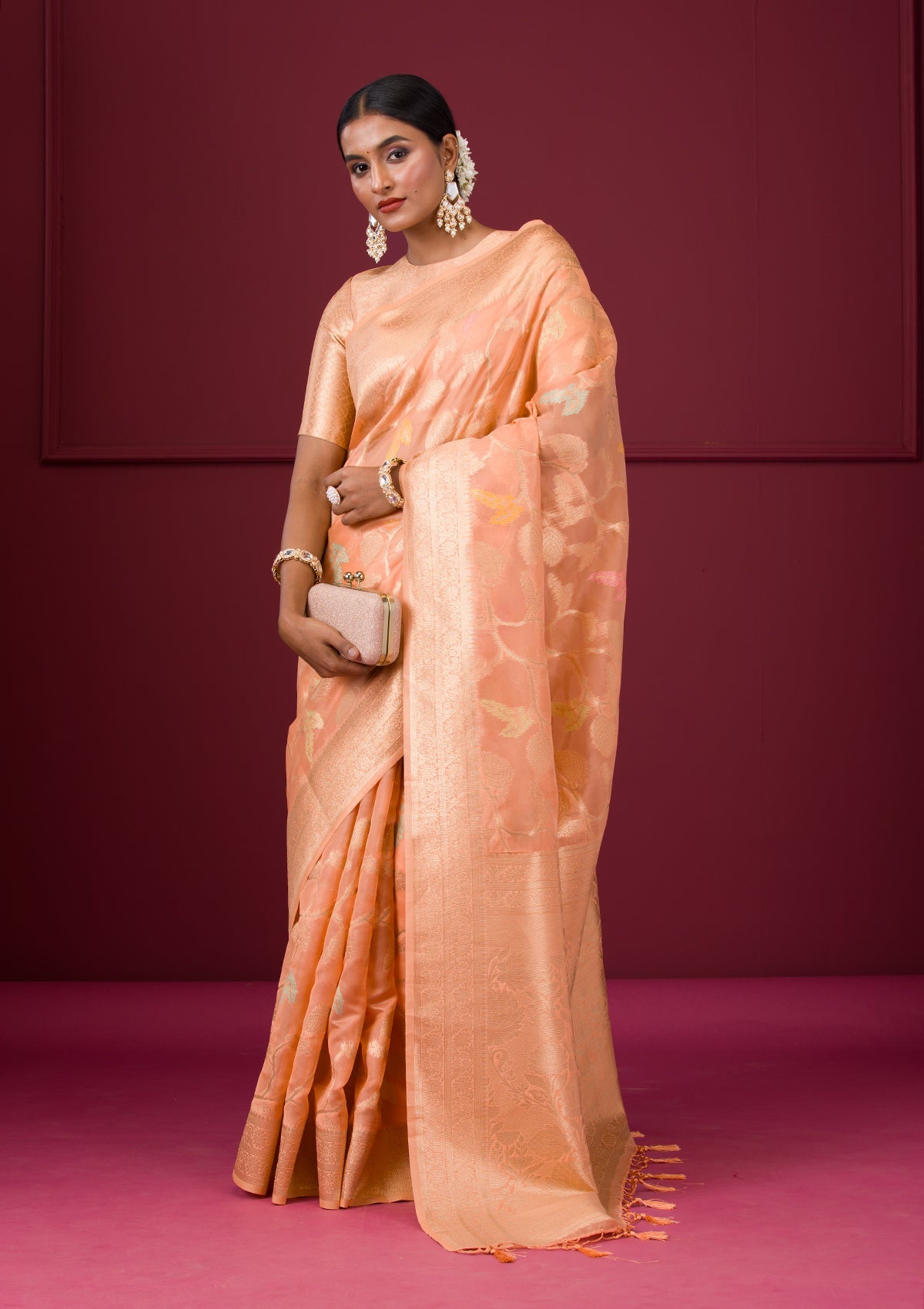 Peach Zariwork Tissue Saree-Koskii