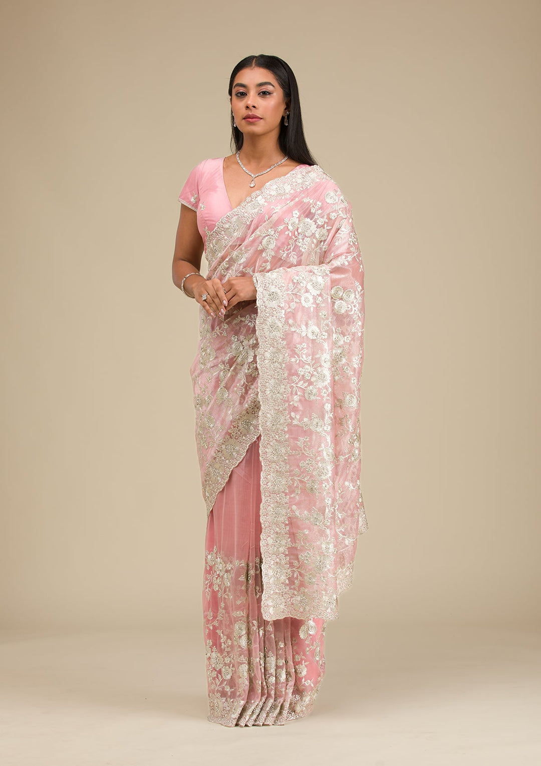 Peach Zariwork Tissue Saree-Koskii