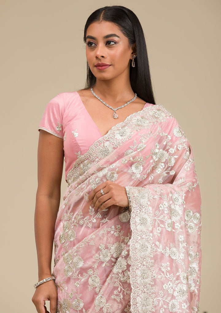 Peach Zariwork Tissue Saree-Koskii