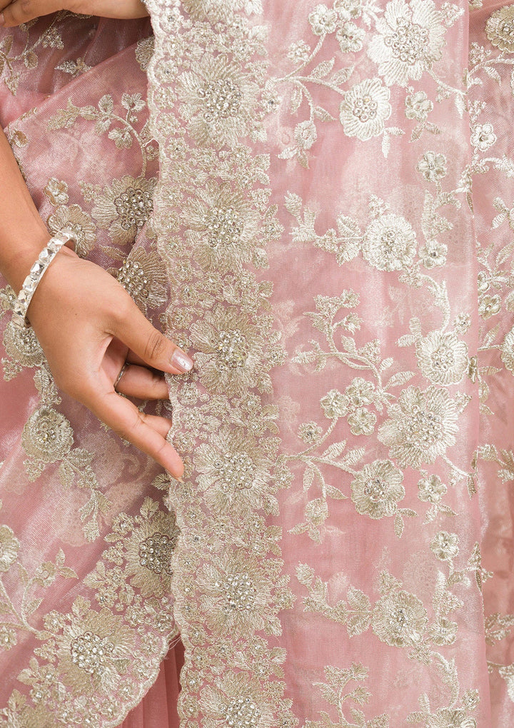 Peach Zariwork Tissue Saree-Koskii