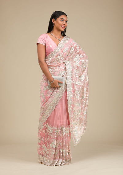 Peach Zariwork Tissue Saree-Koskii