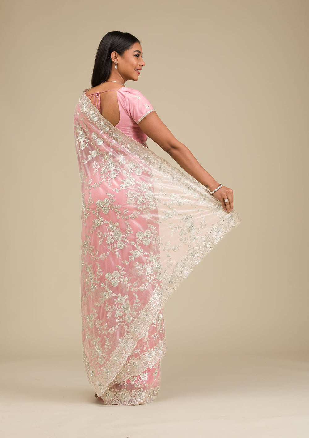 Peach Zariwork Tissue Saree-Koskii