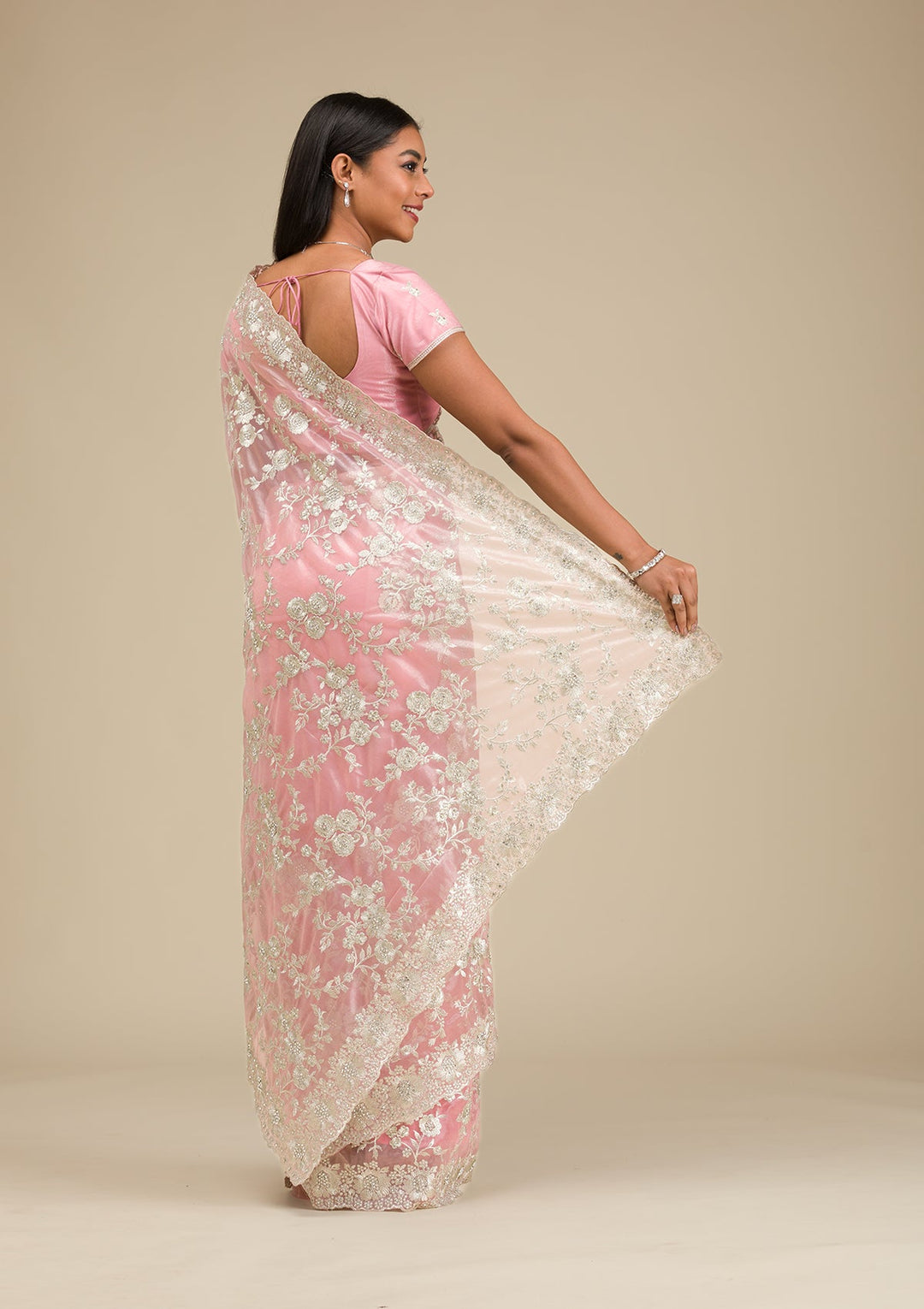 Peach Zariwork Tissue Saree-Koskii