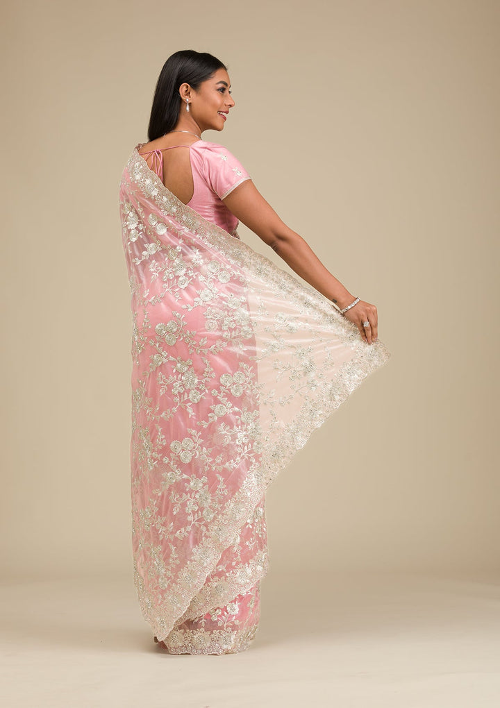 Peach Zariwork Tissue Saree-Koskii