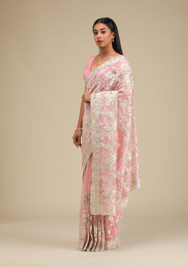 Peach Zariwork Tissue Saree-Koskii