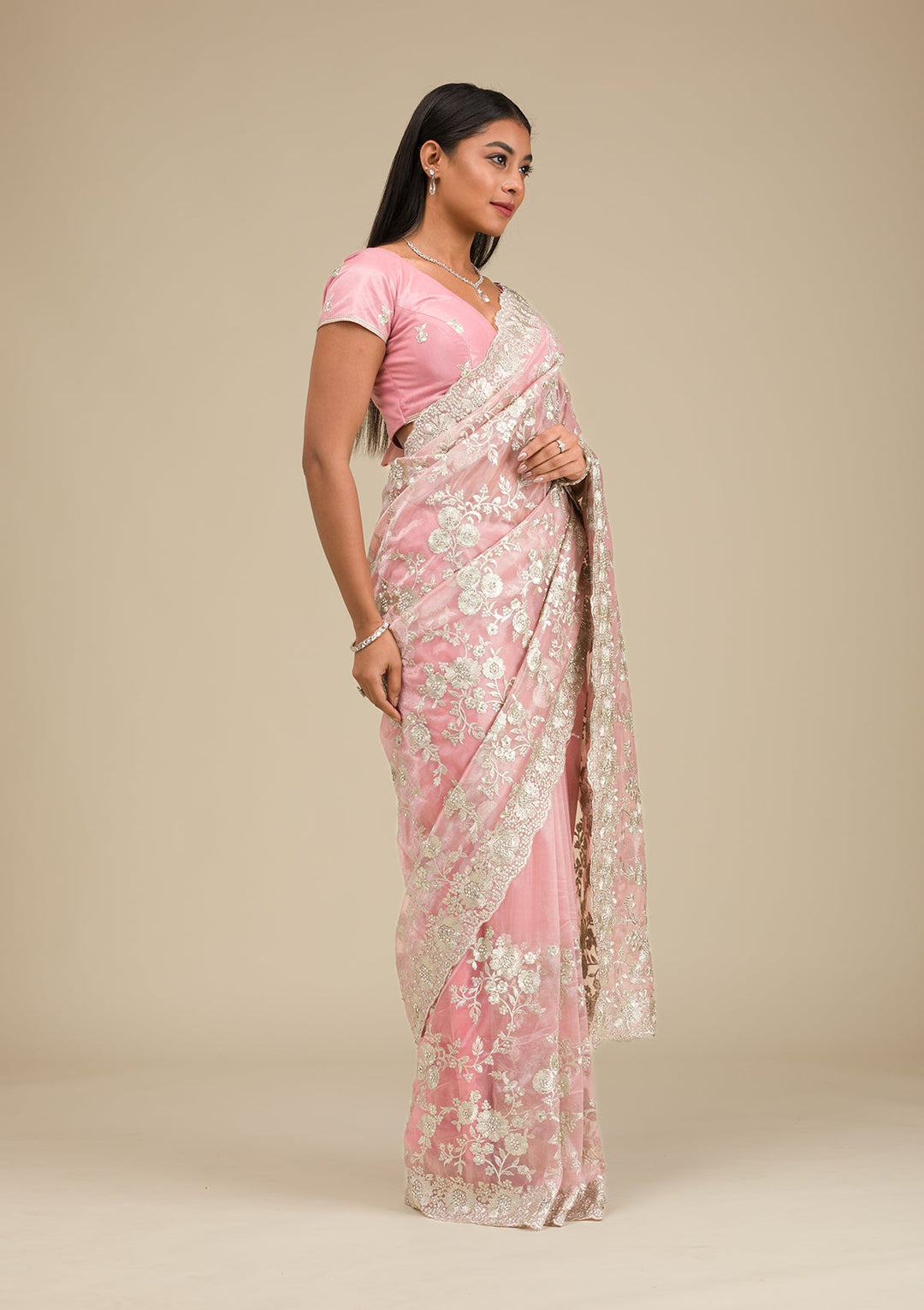 Peach Zariwork Tissue Saree-Koskii