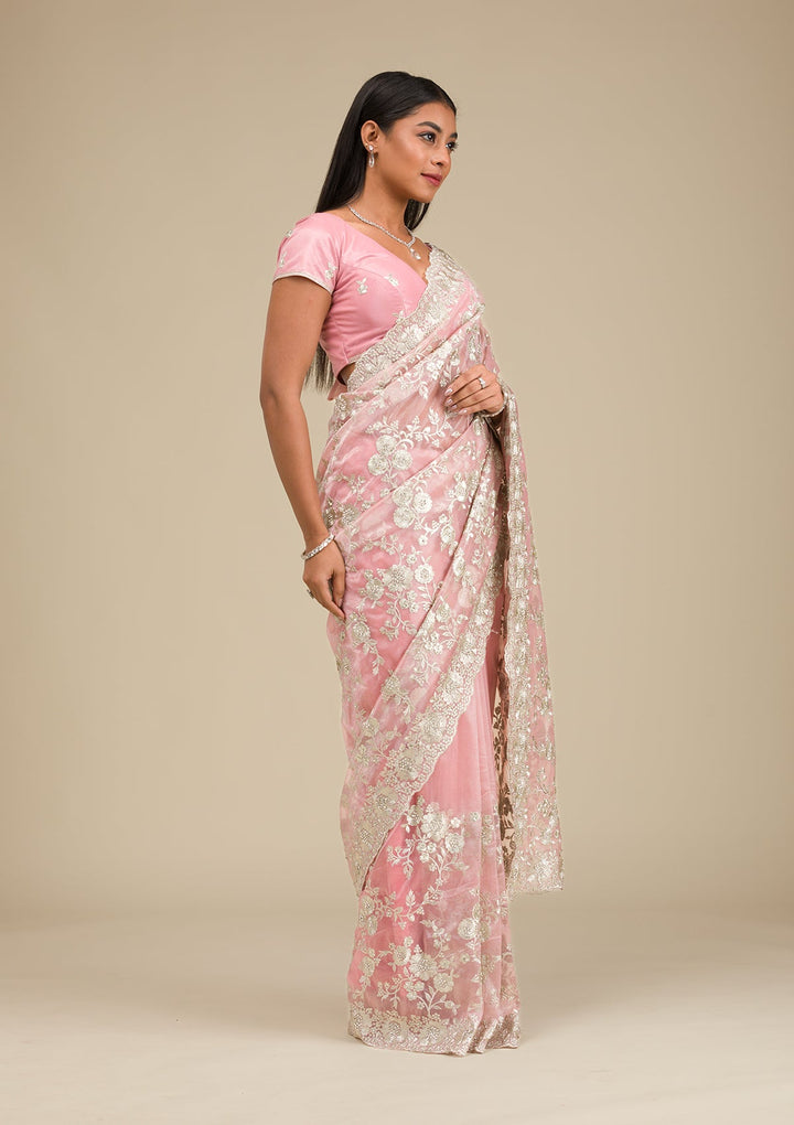 Peach Zariwork Tissue Saree-Koskii