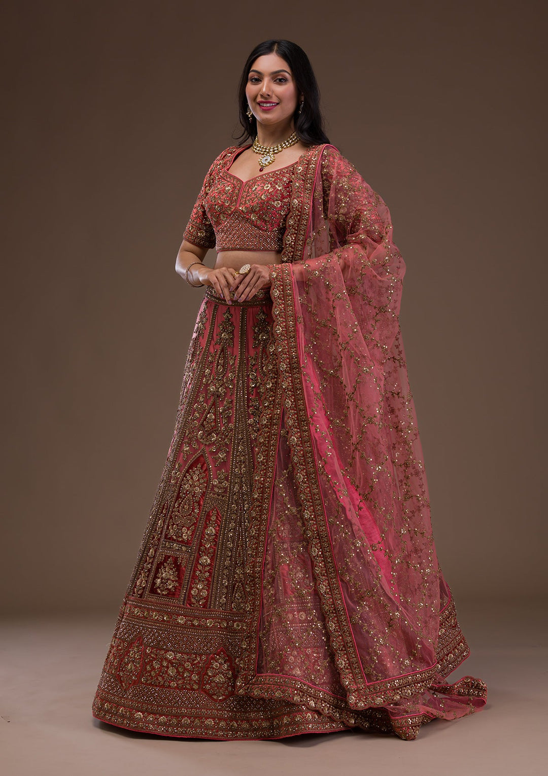 Peach Zariwork Velvet Readymade Lehenga-Koskii