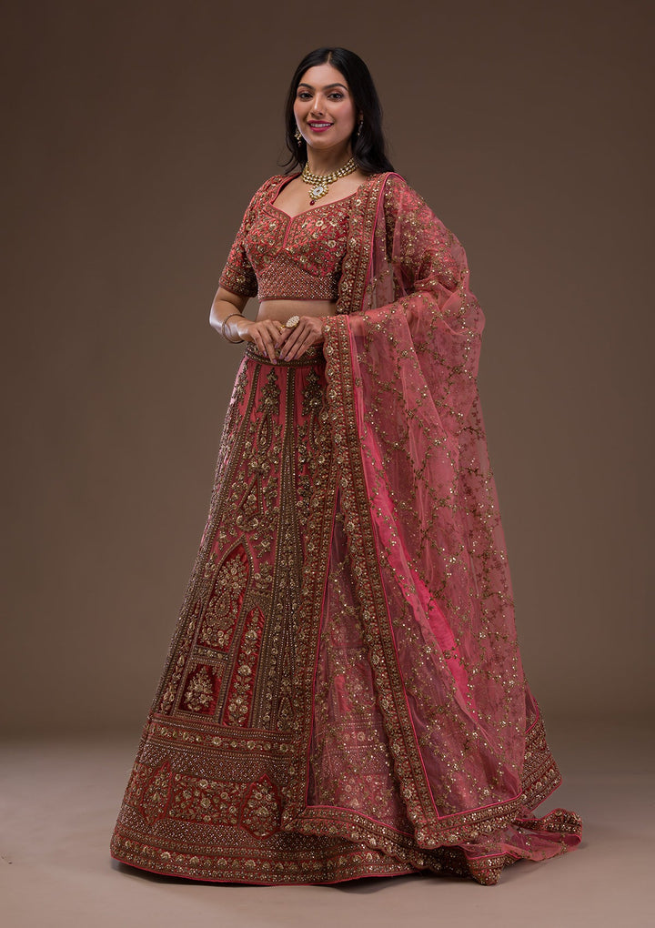 Peach Zariwork Velvet Readymade Lehenga-Koskii