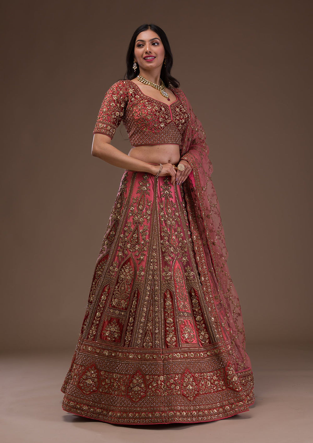 Peach Zariwork Velvet Readymade Lehenga-Koskii