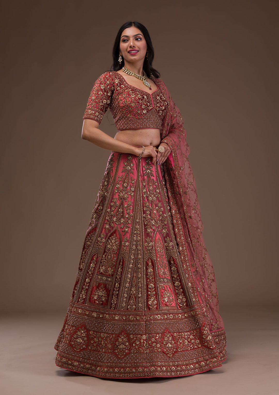 Peach Zariwork Velvet Readymade Lehenga-Koskii