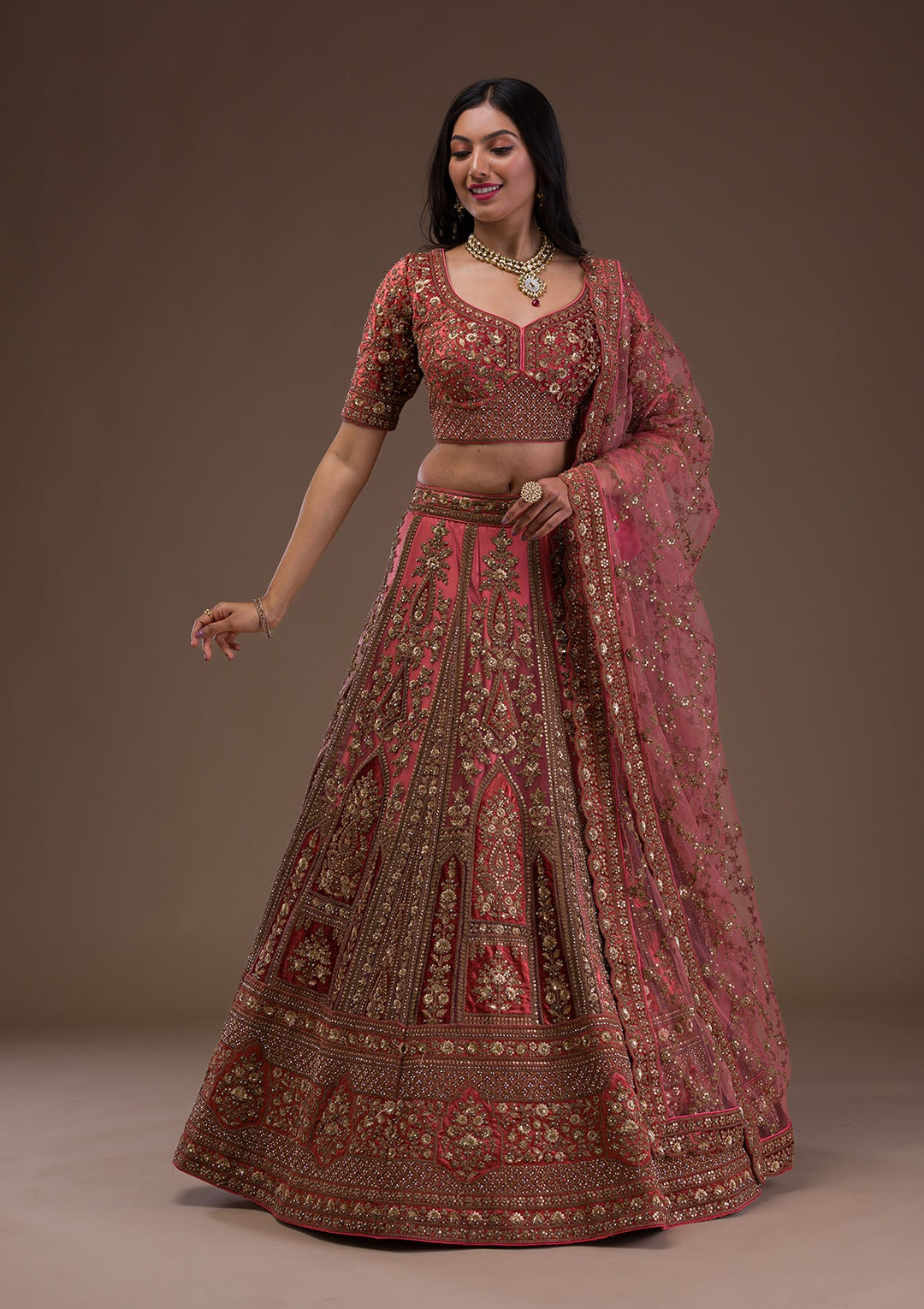 Peach Zariwork Velvet Readymade Lehenga-Koskii