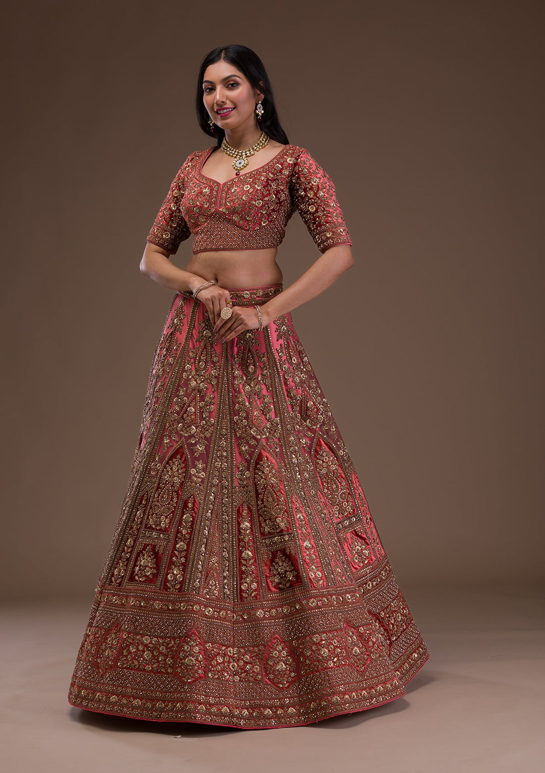 Peach Zariwork Velvet Readymade Lehenga-Koskii