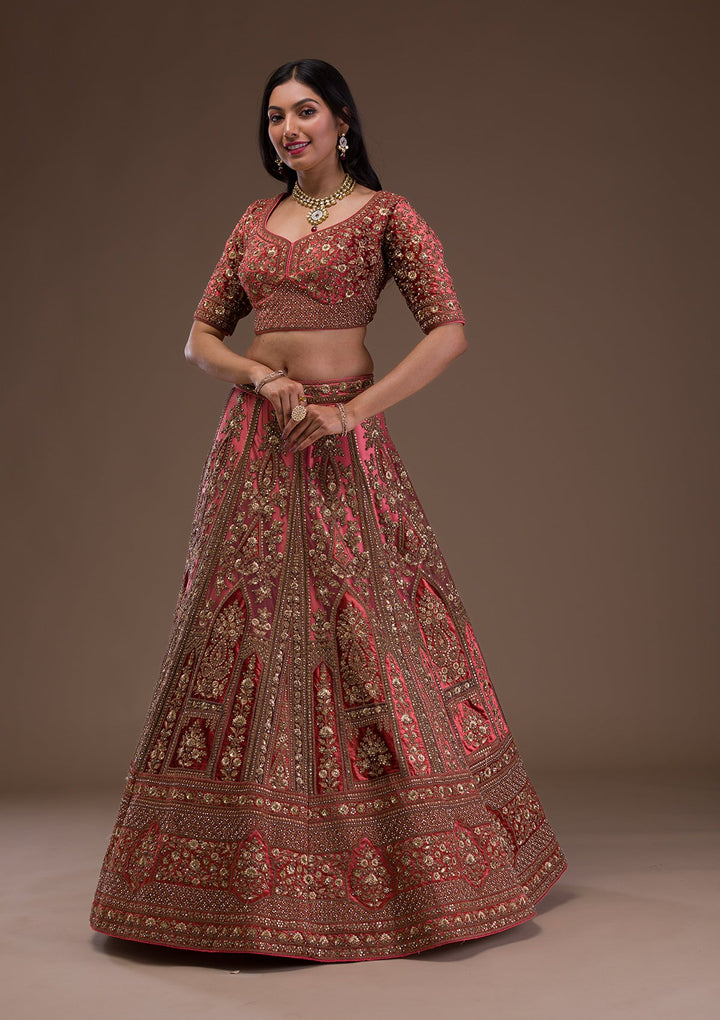 Peach Zariwork Velvet Readymade Lehenga-Koskii