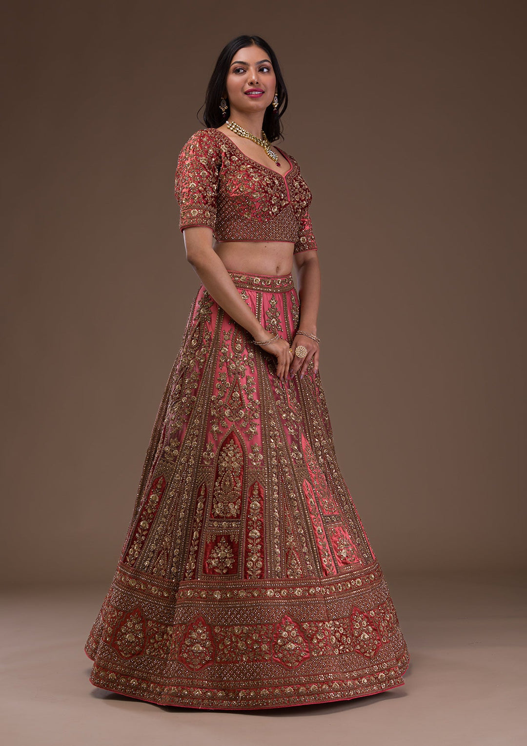 Peach Zariwork Velvet Readymade Lehenga-Koskii