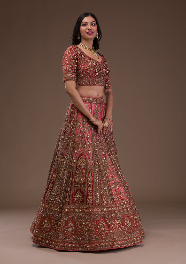 Peach Zariwork Velvet Readymade Lehenga-Koskii