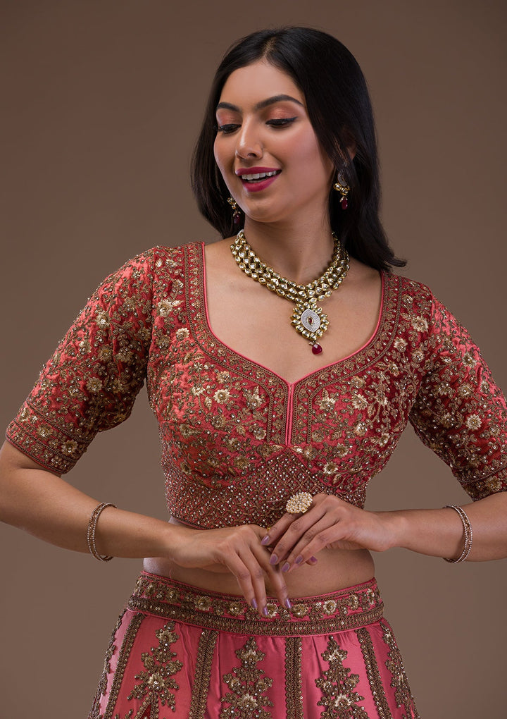 Peach Zariwork Velvet Readymade Lehenga-Koskii