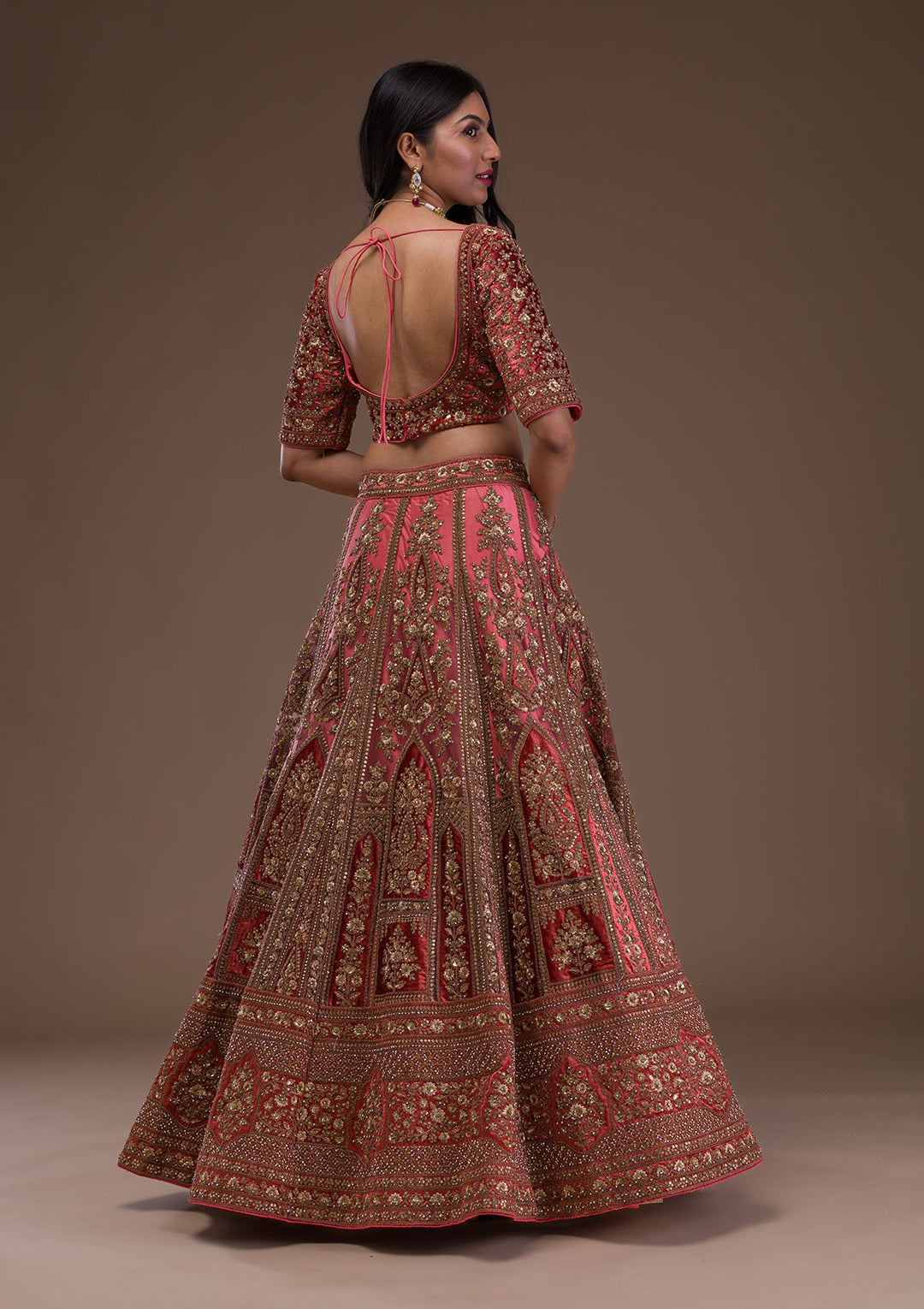 Peach Zariwork Velvet Readymade Lehenga-Koskii