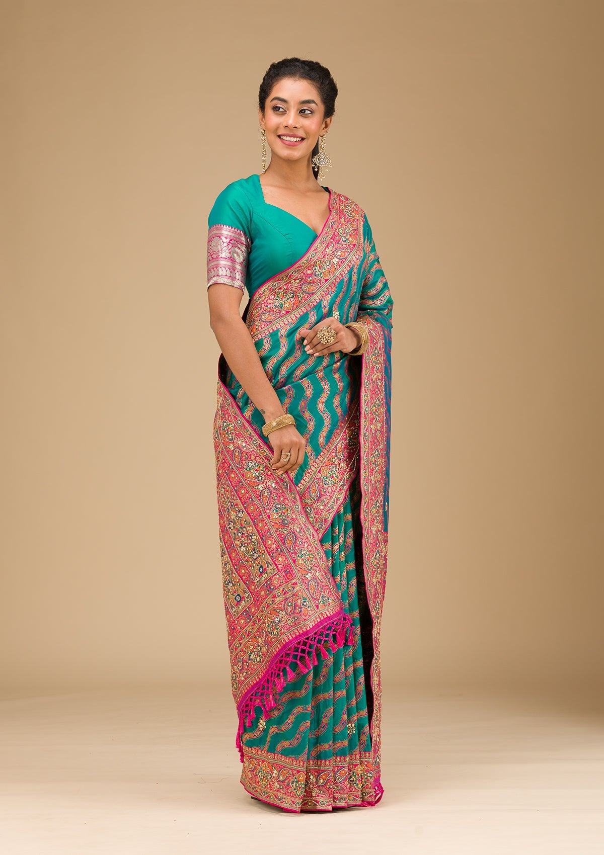 Peacock Blue Cutdana Art Silk Saree-Koskii