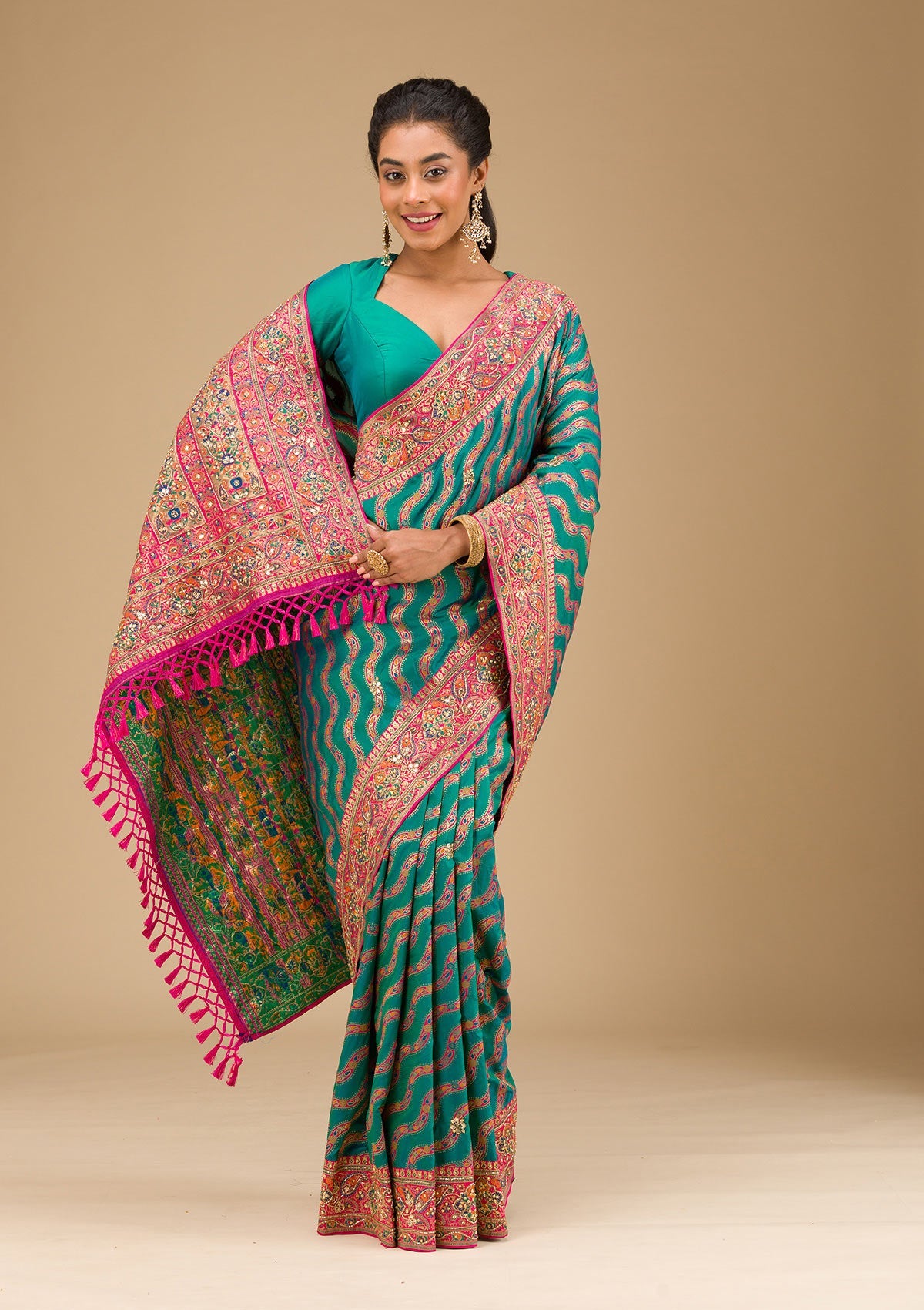 Peacock Blue Cutdana Art Silk Saree-Koskii