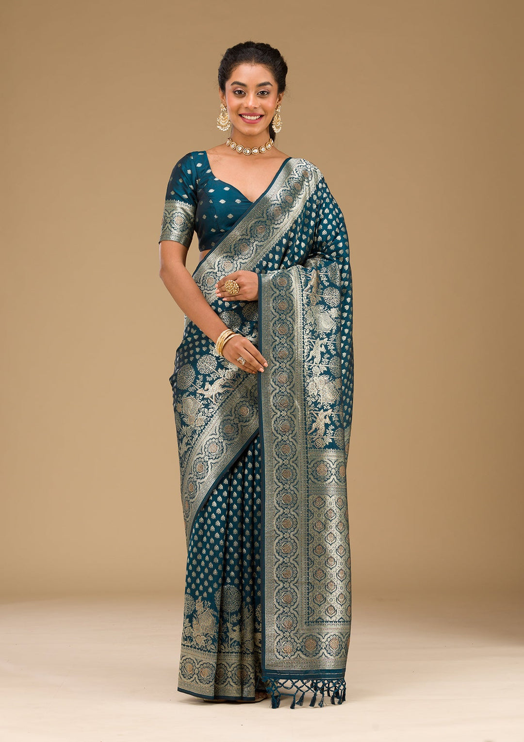 Peacock Blue Stonework Art Silk Saree-Koskii