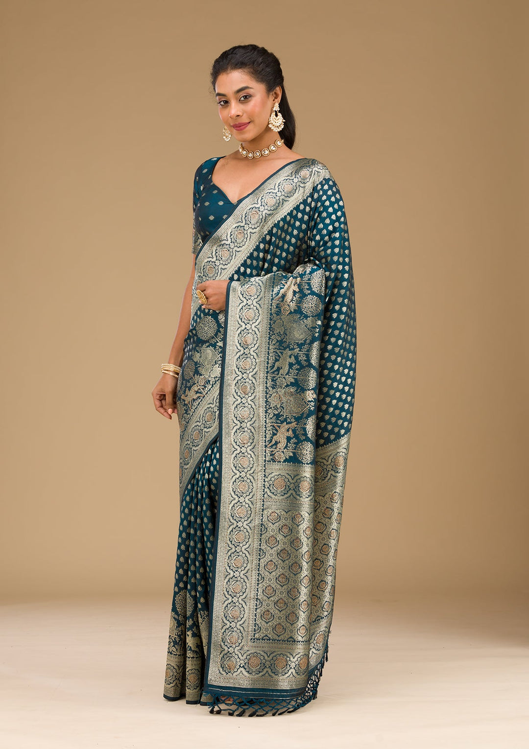 Peacock Blue Stonework Art Silk Saree-Koskii