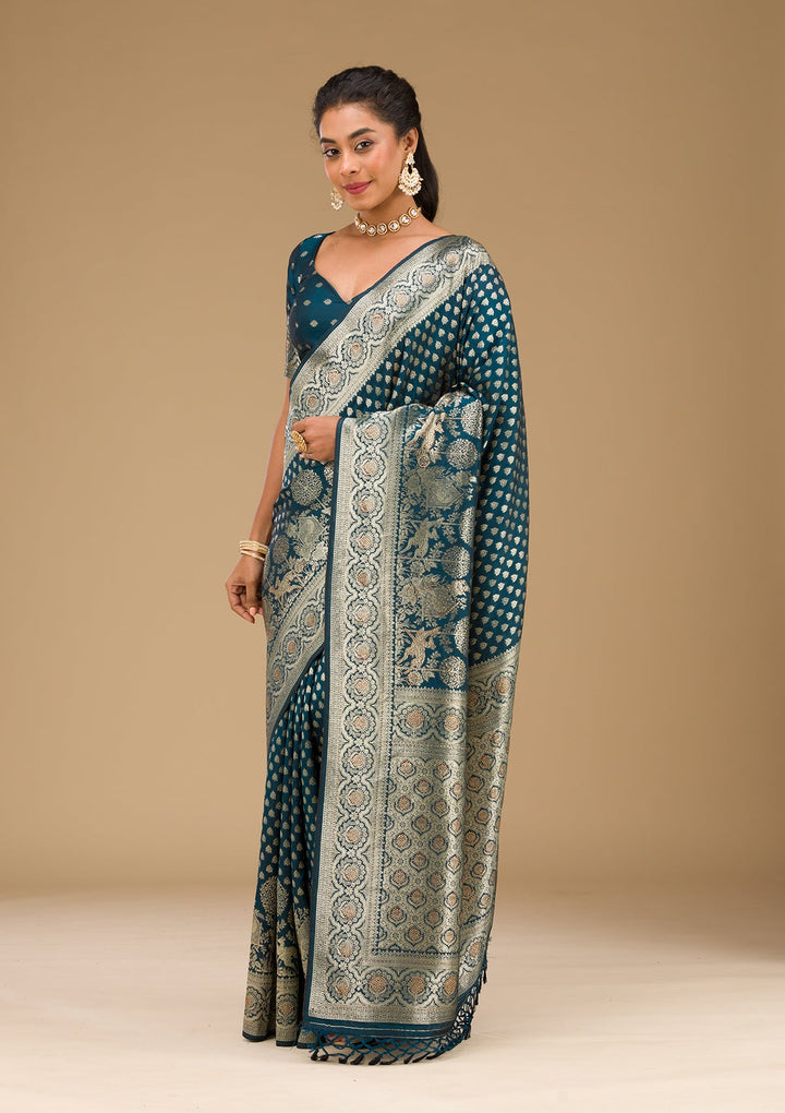 Peacock Blue Stonework Art Silk Saree-Koskii
