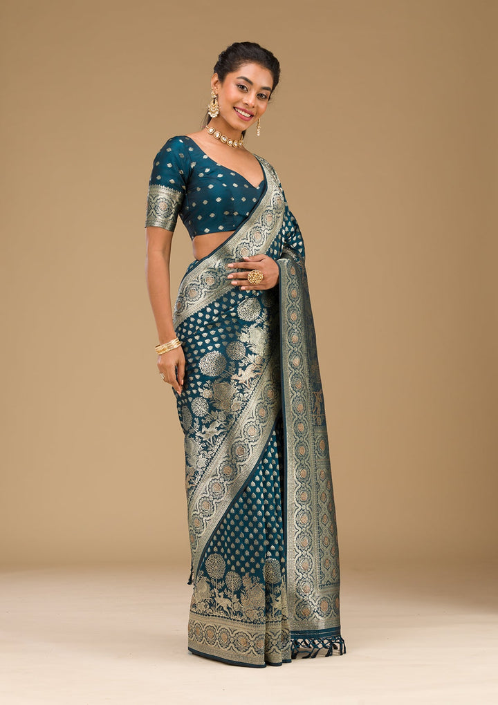 Peacock Blue Stonework Art Silk Saree-Koskii