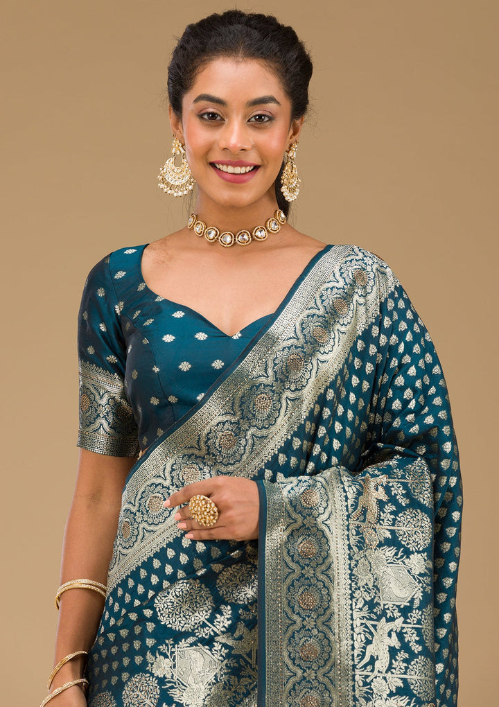 Peacock Blue Stonework Art Silk Saree-Koskii