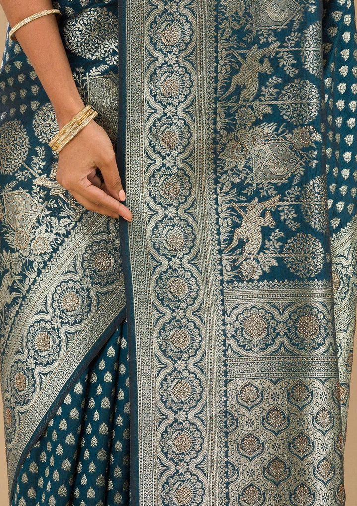 Peacock Blue Stonework Art Silk Saree-Koskii