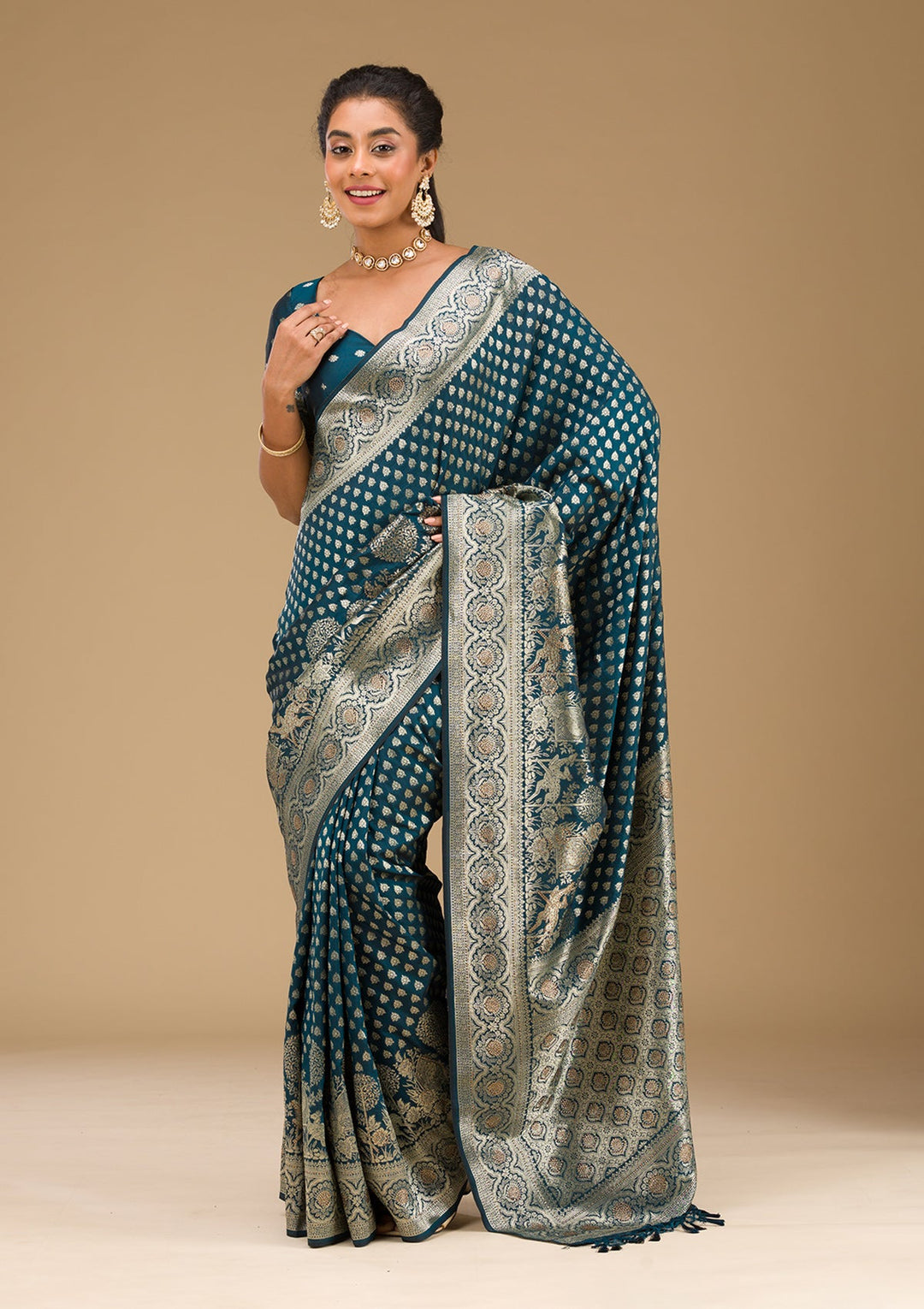 Peacock Blue Stonework Art Silk Saree-Koskii