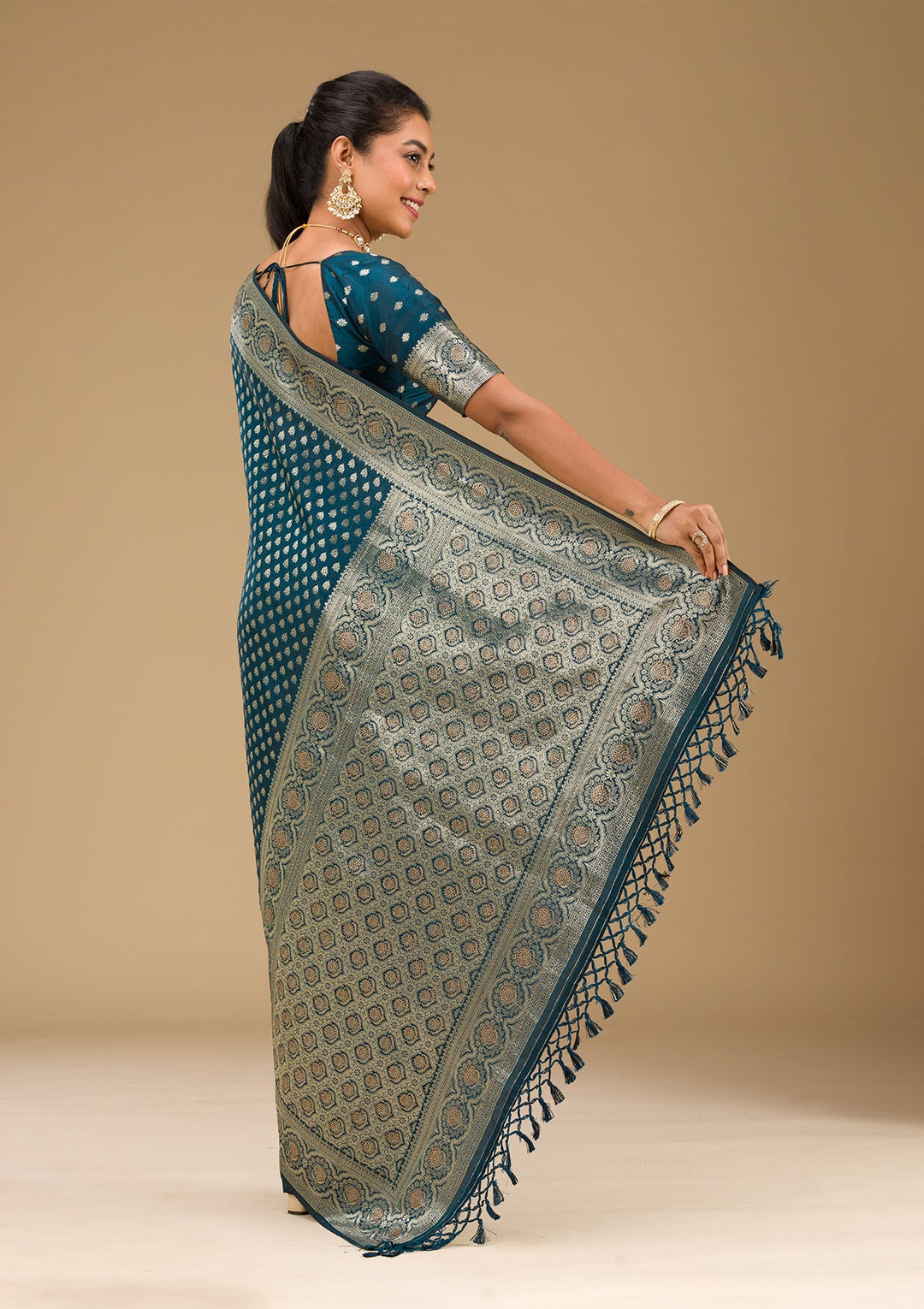 Peacock Blue Stonework Art Silk Saree-Koskii