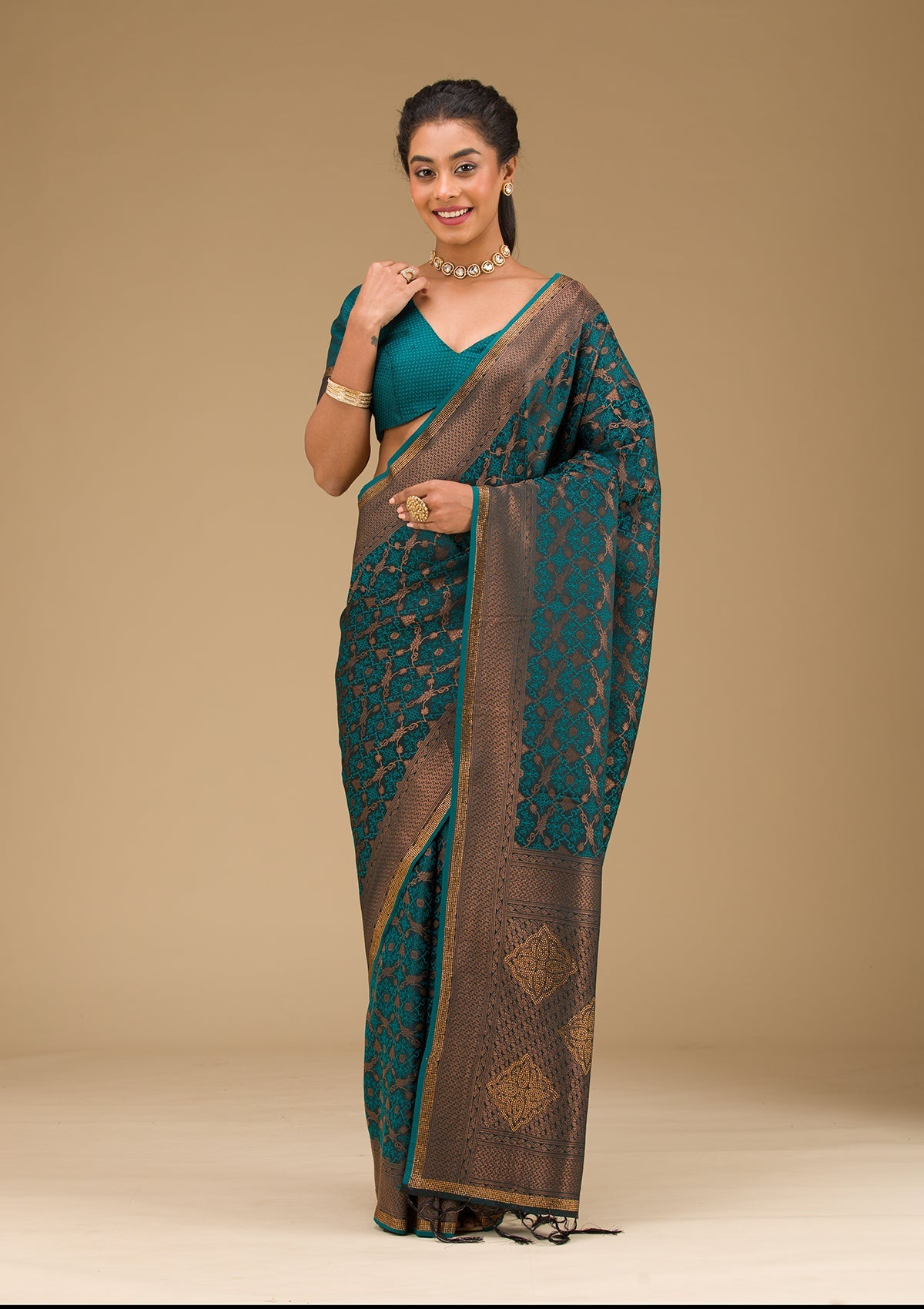 Peacock Blue Stonework Art Silk Saree-Koskii