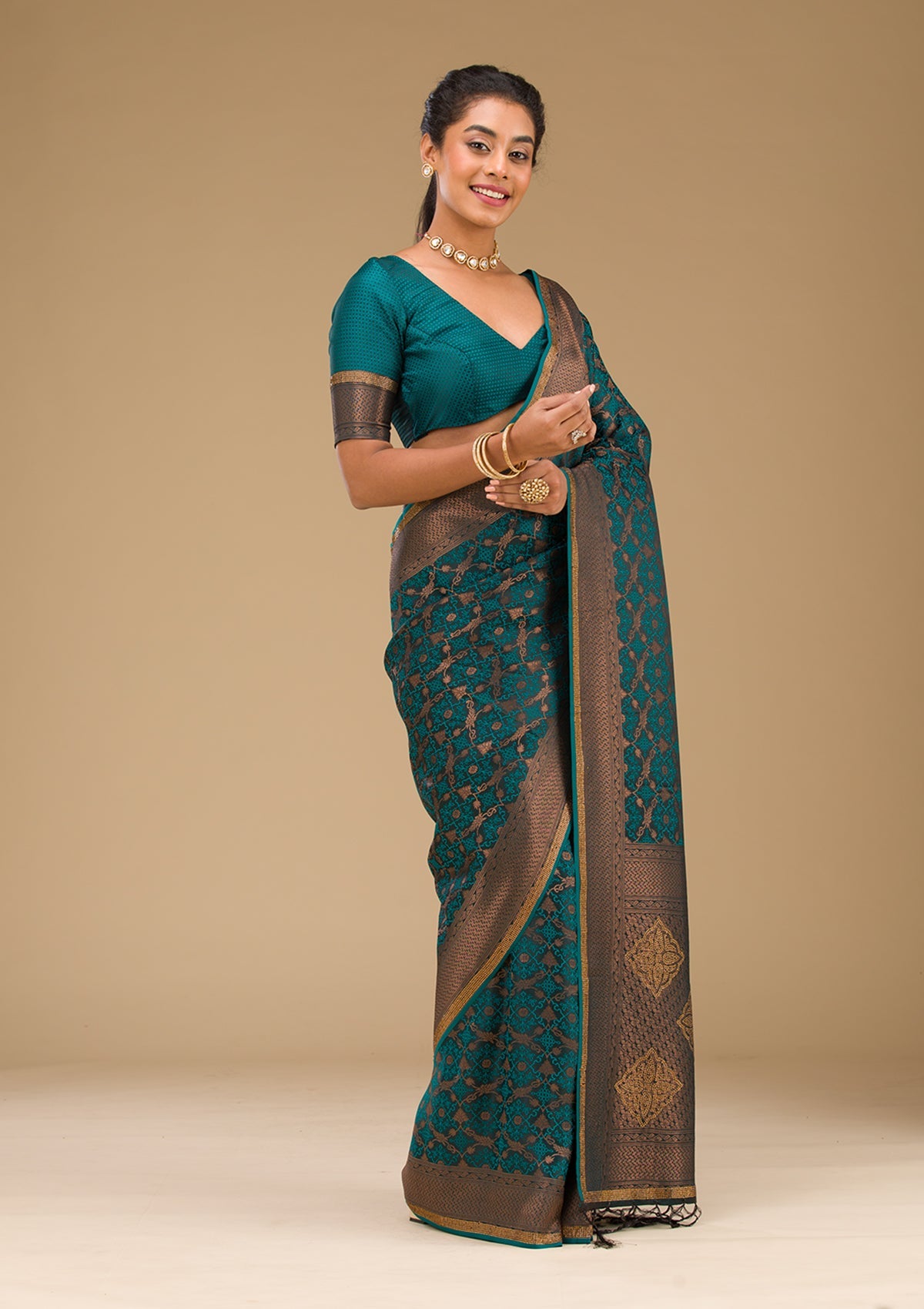 Peacock Blue Stonework Art Silk Saree-Koskii