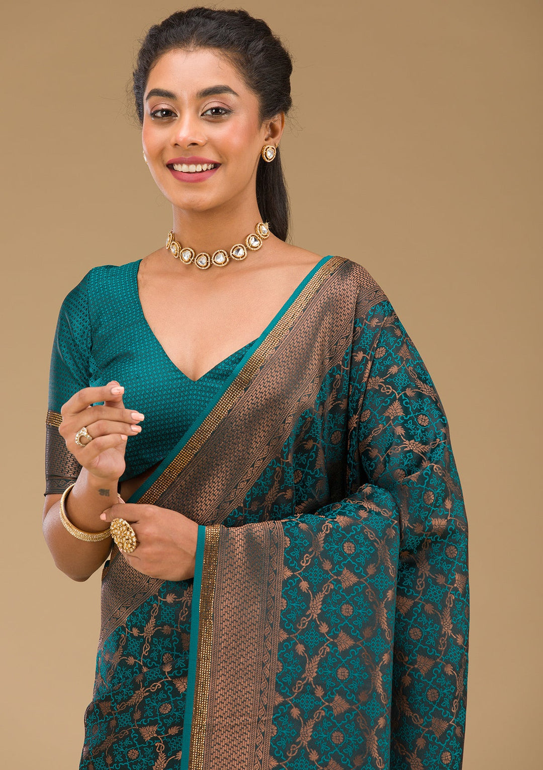 Peacock Blue Stonework Art Silk Saree-Koskii