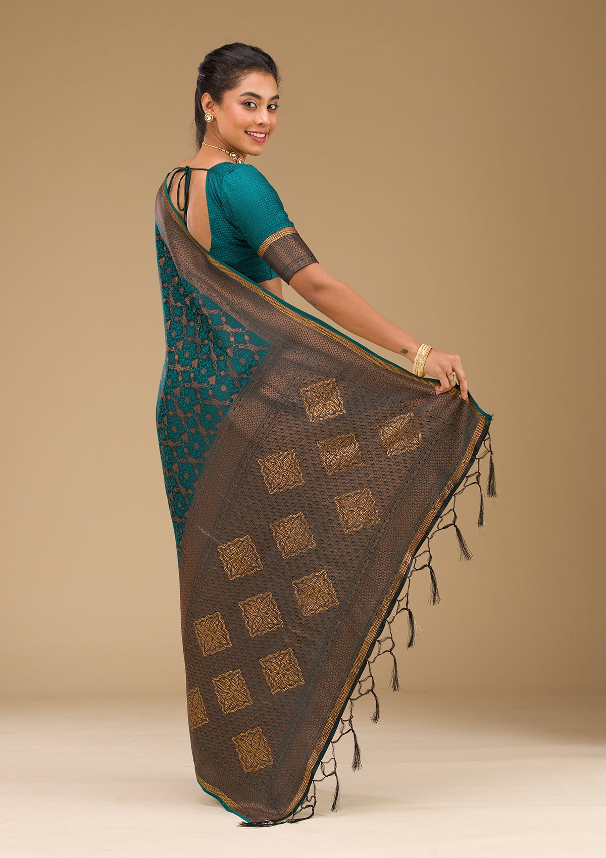 Peacock Blue Stonework Art Silk Saree-Koskii