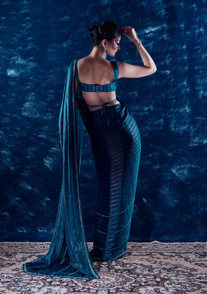 Peacock Blue Swarovski Georgette Designer Saree