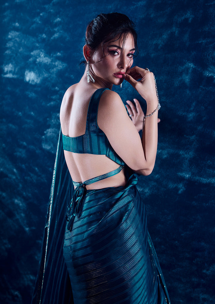 Peacock Blue Swarovski Georgette Designer Saree