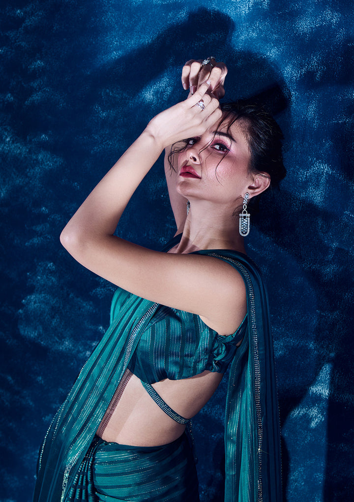 Peacock Blue Swarovski Georgette Designer Saree