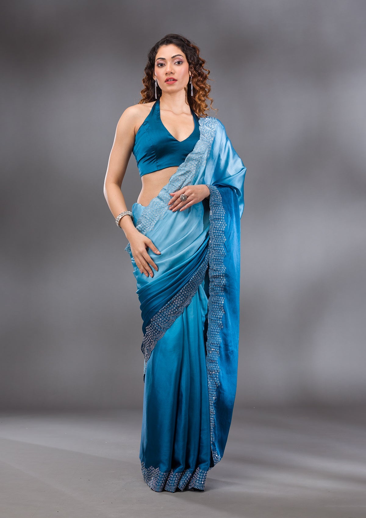 Peacock Blue Swarovski Satin Saree-Koskii