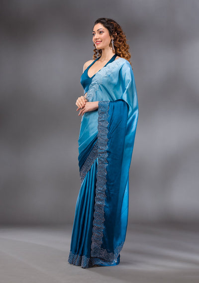 Peacock Blue Swarovski Satin Saree-Koskii