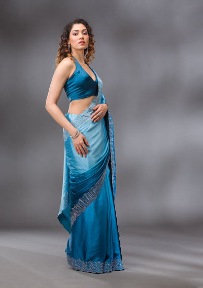 Peacock Blue Swarovski Satin Saree-Koskii