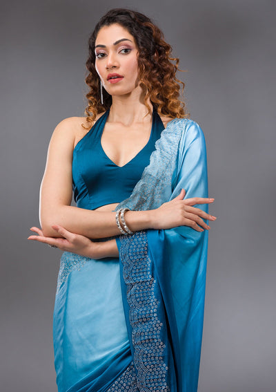 Peacock Blue Swarovski Satin Saree-Koskii