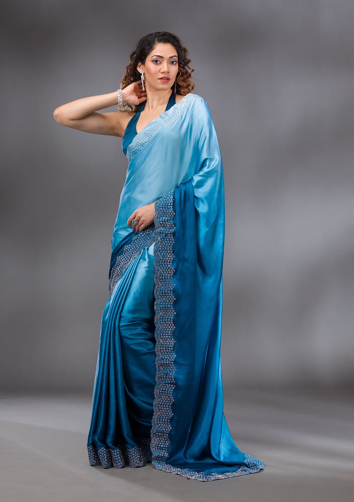 Peacock Blue Swarovski Satin Saree-Koskii