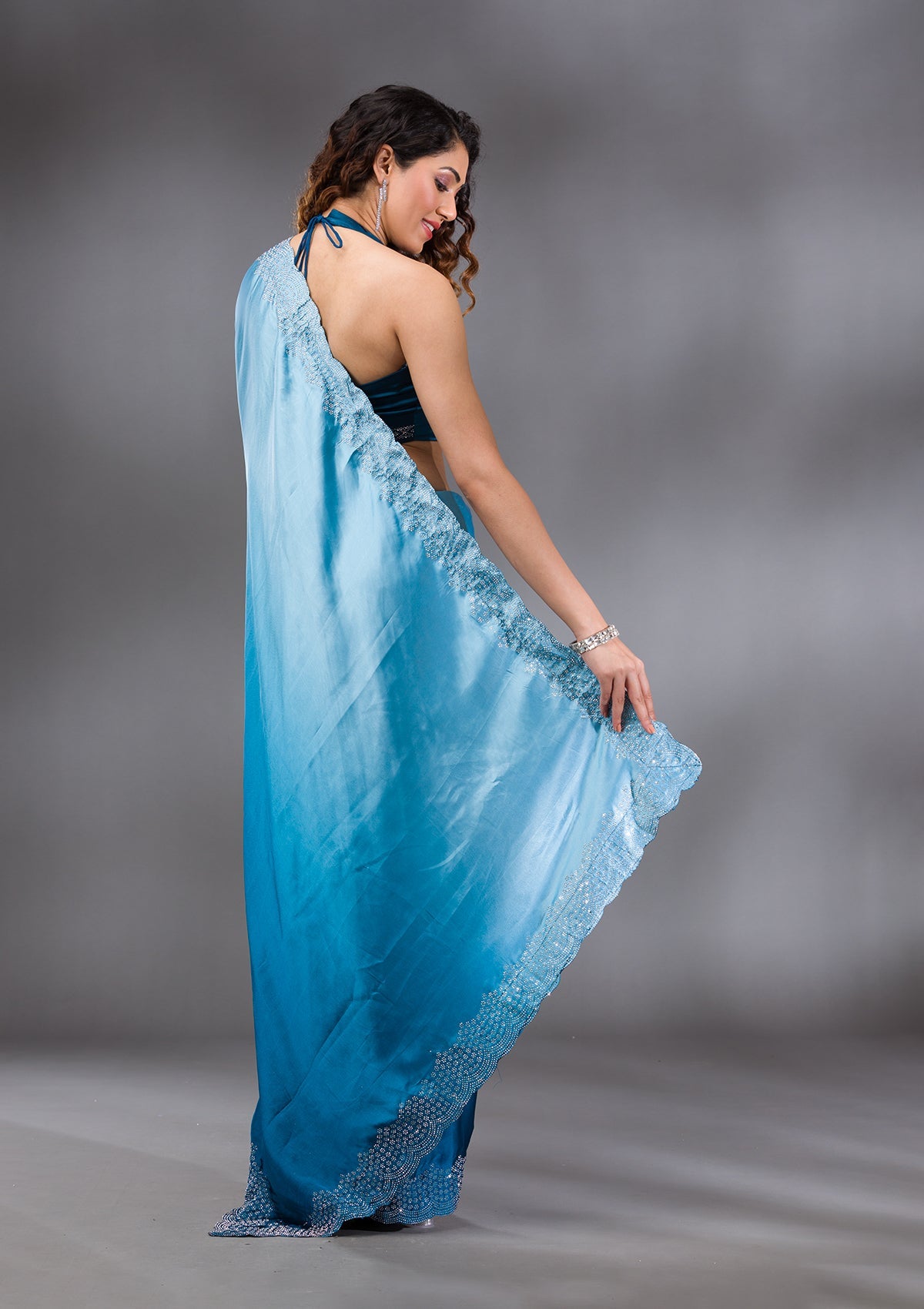 Peacock Blue Swarovski Satin Saree-Koskii