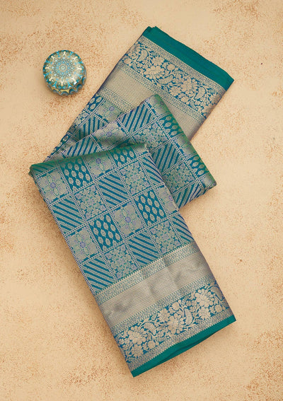 Peacock Blue Zariwork Pure Silk Saree-Koskii