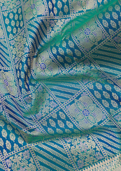 Peacock Blue Zariwork Pure Silk Saree-Koskii