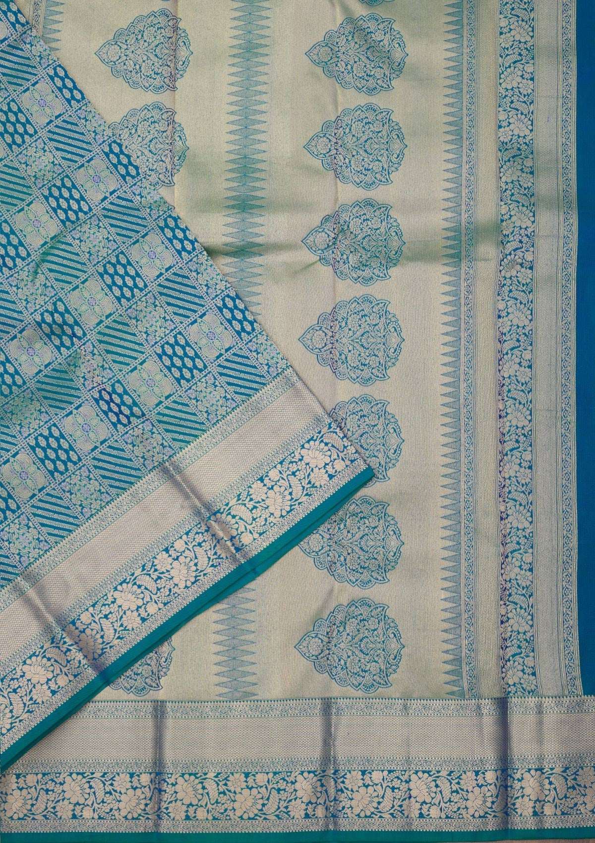 Peacock Blue Zariwork Pure Silk Saree-Koskii