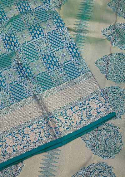 Peacock Blue Zariwork Pure Silk Saree-Koskii