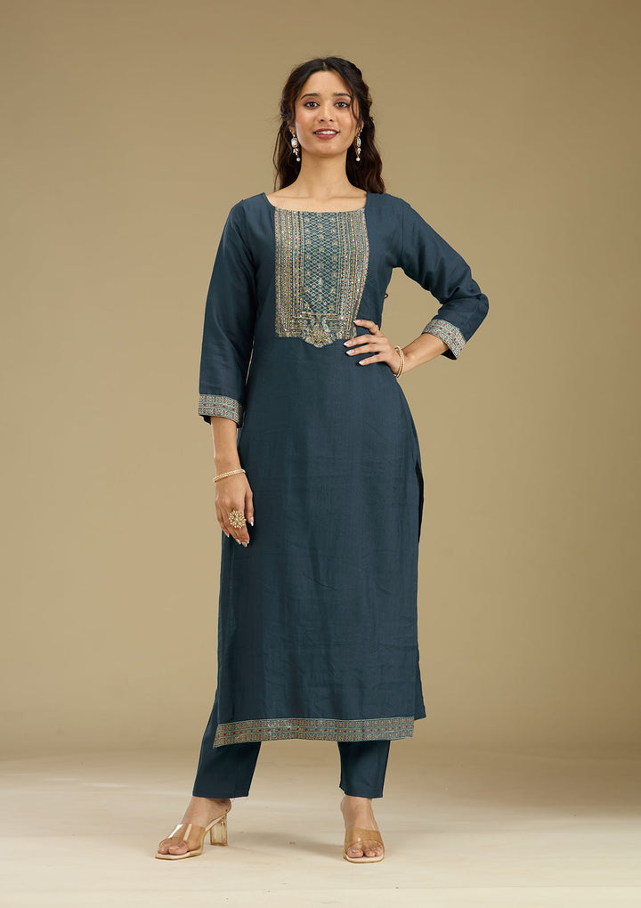 Peacock Blue Zariwork Semi Crepe Readymade Salwar Suit-Koskii